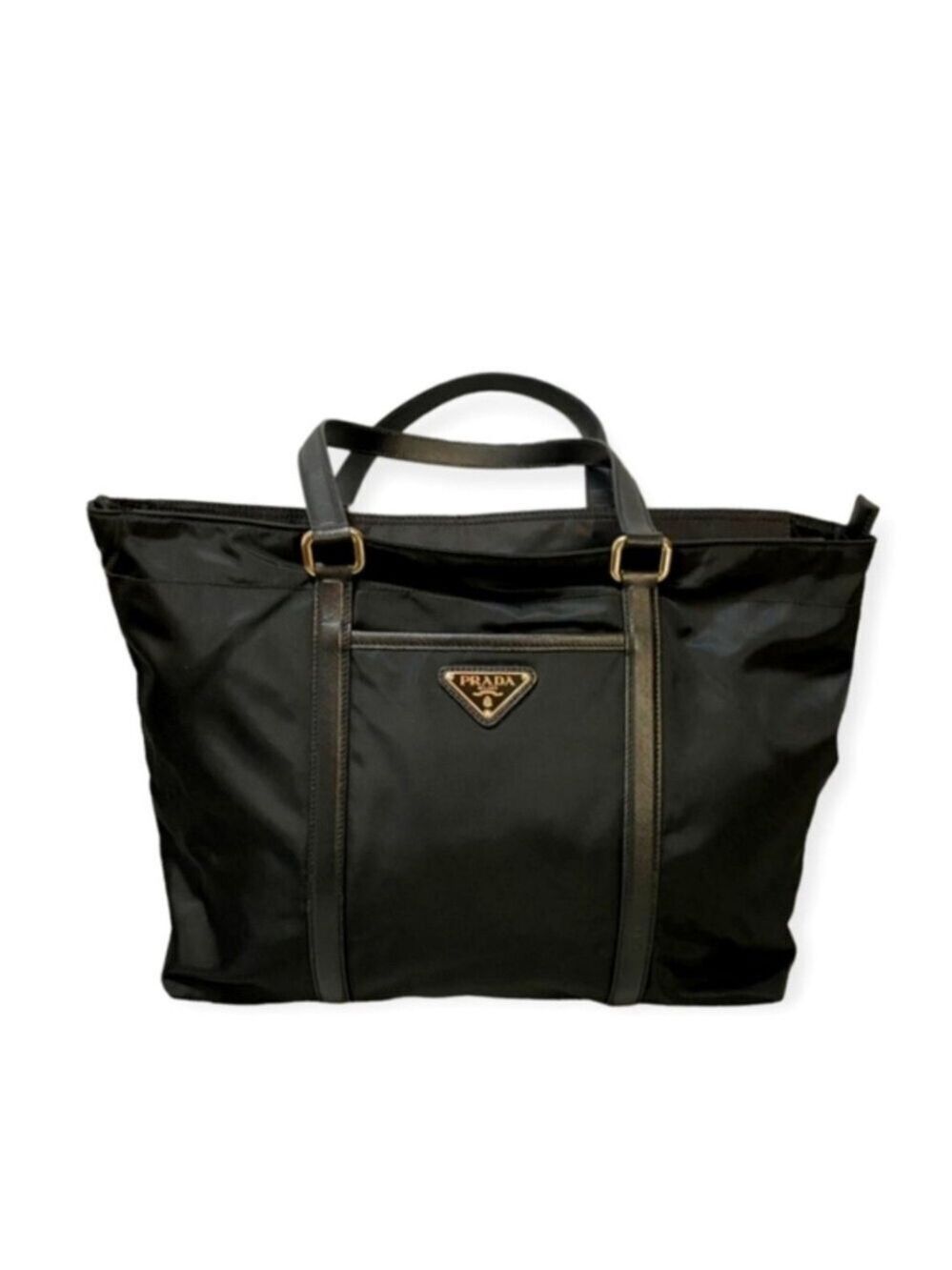 Authentic Prada Nylon Tote Bag Black Triangle Logo Lampo Zipper Size Medium
